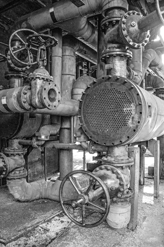 Detailed black and white image of industrial machinery with pipes and valves in NRW, Germany.